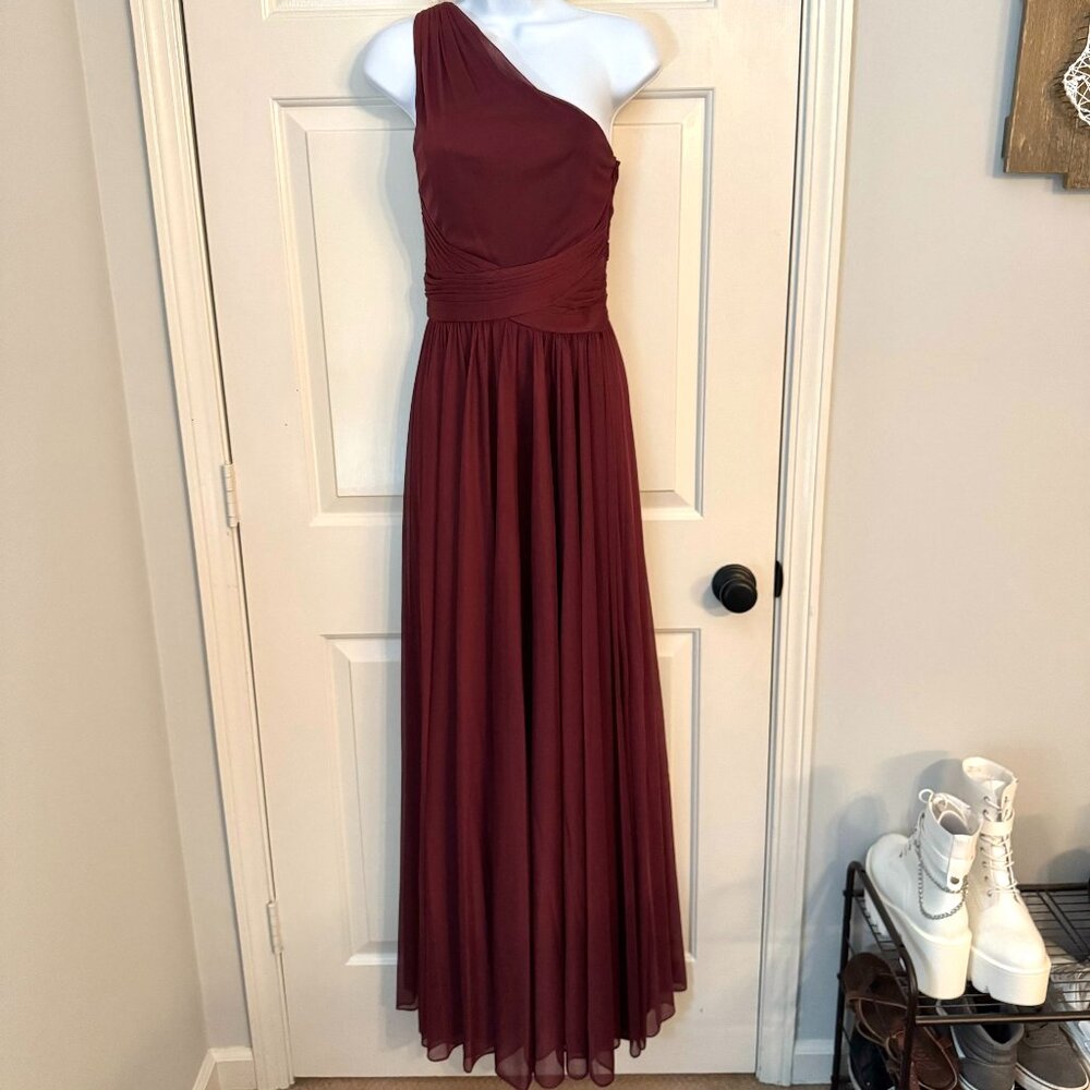 David’s Bridal Burgundy One Shoulder Prom Dress